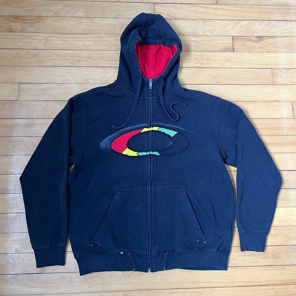 Vintage. Oakley Forged Goods Mens Black Rasta Patchwork Logo Full Zip Hoodie M